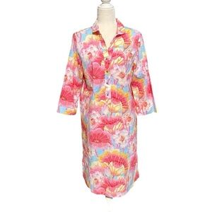 Connie Roberson Womens Cotton Floral Shirt Dress Size Large Pink Preppy Summer